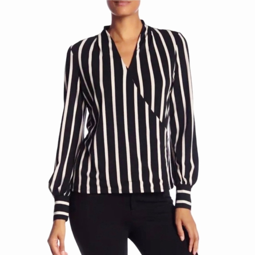 Adrianna Papell Black, Tan and White Striped Blouse